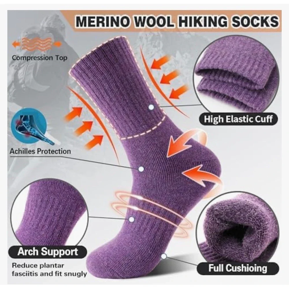 5 Pair Merino Wool Hiking Crew Socks Womens Thermal Thick Moisture Wicking Multi